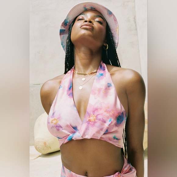 NWT Frankie's Bikinis Dani Silk Pink Slit wrap mini skirt in watercolor floral - Picture 5 of 6